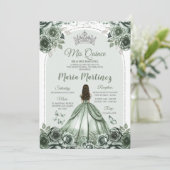 Invitation Sage Green Floral Argent Couronne Princesse Mis Qu (Debout devant)