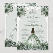 Invitation Sage Green Floral Argent Couronne Princesse Mis Qu (Devant / Derrière)
