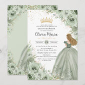 Invitation Sage Green Floral Blonde Princesse Quinceañera (Devant / Derrière)