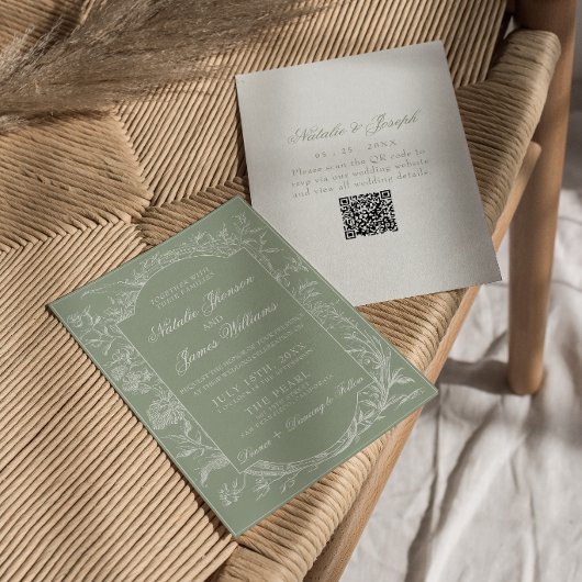 Invitation  Sage Green Floral Boho Botanical QR Code Wedding