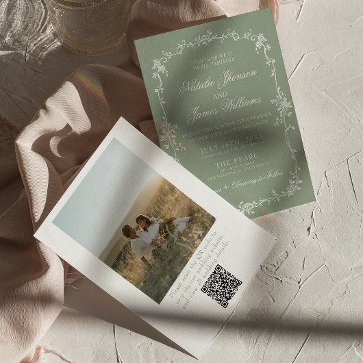 Invitation Sage Green Floral Boho Chic Photo QR Code Wedding