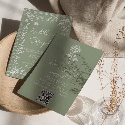 Invitation Sage Green Floral Botanical Boho QR Code Wedding