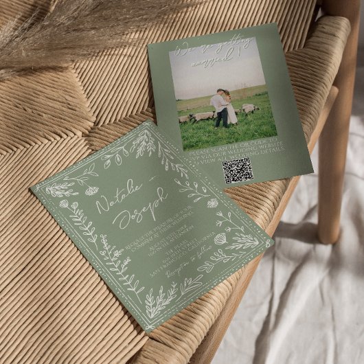 Invitation Sage Green Floral Botanical QR Code Photo  Wedding