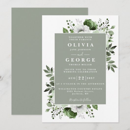 Invitation Sage Green Floral Botanique Moderne Mariage (Devant / Derrière)