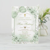 Invitation Sage Green Floral Boy Cross First Holy Communion (Debout devant)