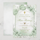 Invitation Sage Green Floral Boy Cross First Holy Communion (Devant / Derrière)