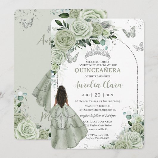 Invitation Sage Green Floral Brown fille Silver Quinceañera (Devant / Derrière)