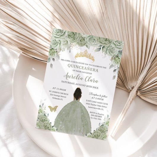 Invitation Sage Green Floral Brown Princesse Or Quinceañera
