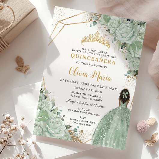 Invitation Sage Green Floral Brown Princesse Or Quinceañera