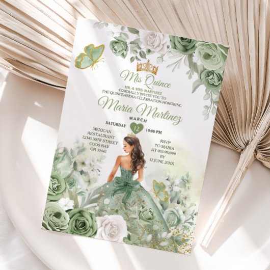 Invitation Sage Green Floral Butterfly Princess Mis Quince