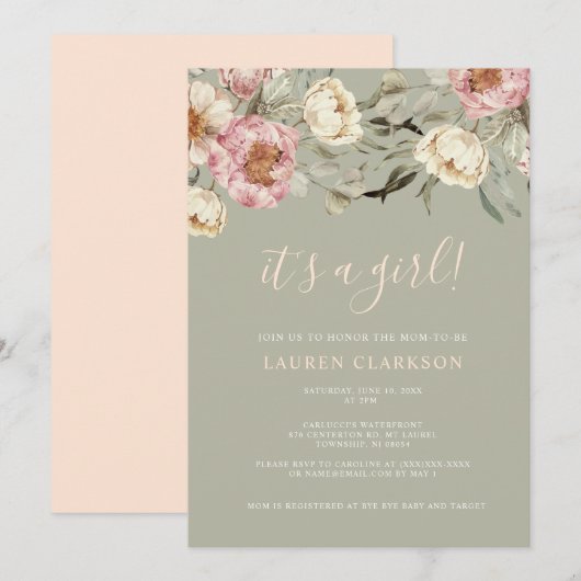 Invitation Sage Green Floral C'est un Baby shower de fille (Devant / Derrière)