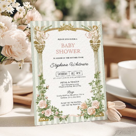 Invitation Sage Green Floral Cherub Baby Shower