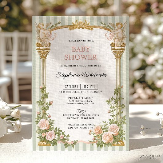 Invitation Sage Green Floral Cherub Baby Shower