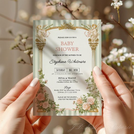 Invitation Sage Green Floral Cherub Baby Shower