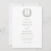 Invitation Sage Green Floral Crest Monogramme Mariage QR Code (Devant)