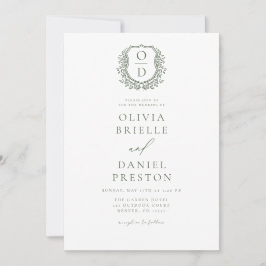 Invitation Sage Green Floral Crest Monogramme Mariage QR Code (Devant)
