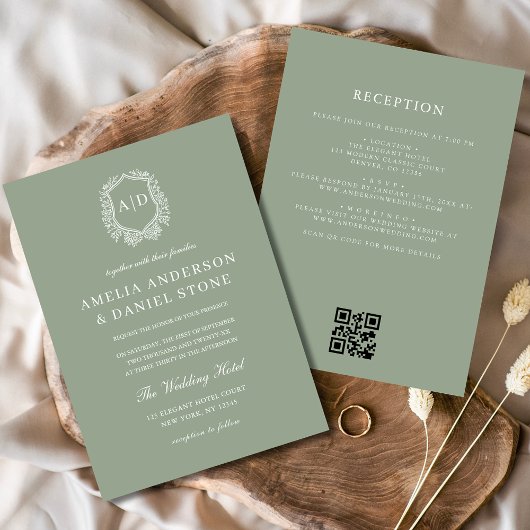 Invitation Sage Green Floral Crest Monogramme Mariage QR Code