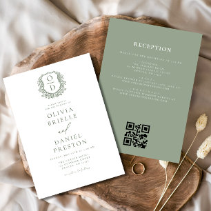 Invitation Sage Green Floral Crest Monogramme Mariage QR Code
