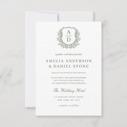 Invitation Sage Green Floral Crest Monogramme Mariage QR Code (Devant)