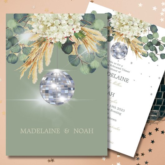Invitation Sage Green Floral Disco Ball Mariage Répétition
