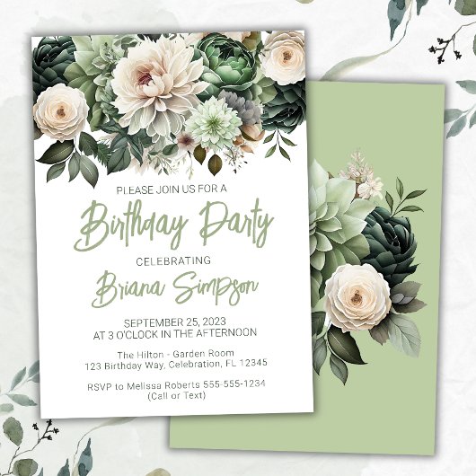 Invitation Sage Green Floral fête d'anniversaire