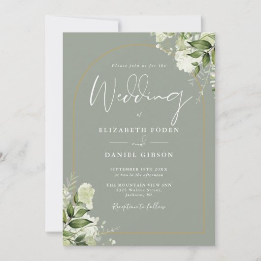 Invitation Sage Green Floral Gold Arch QR Code Mariage (Devant)
