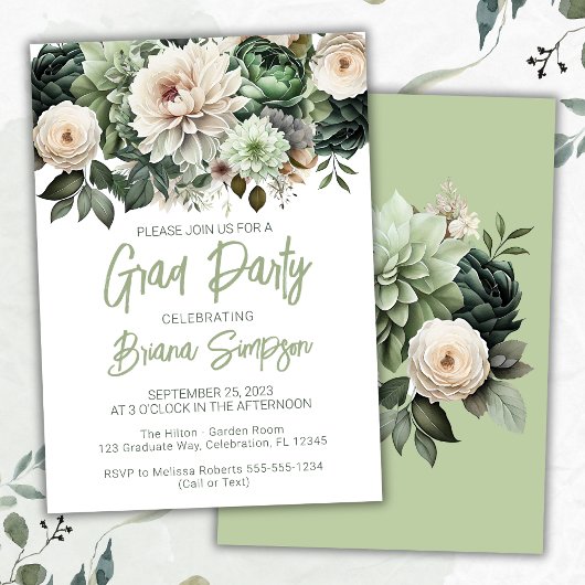 Invitation Sage Green Floral Graduation Party