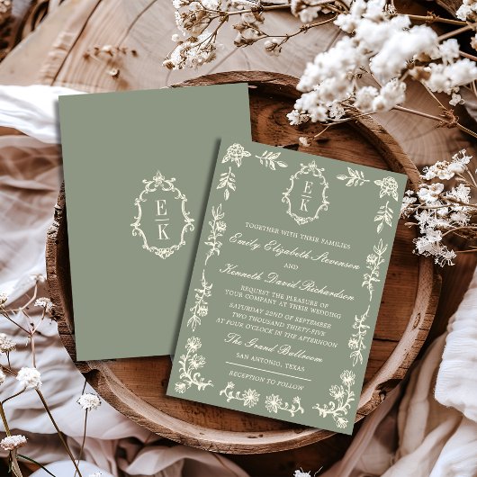Invitation Sage Green Floral Old Money Monogram Crest Wedding