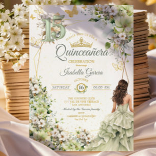 Invitation Sage Green Floral Papillons Dorés Quinceañera