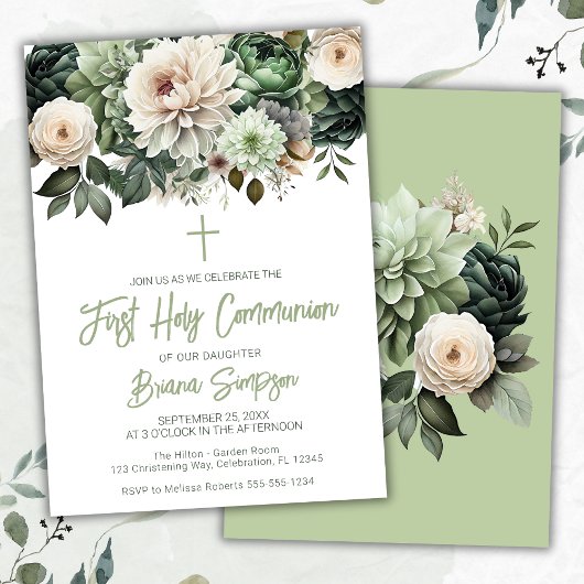Invitation Sage Green Floral Première Communion Sainte