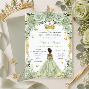 Invitation Sage Green Floral Princesse et Grenouille Quinceañ