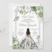 Invitation Sage Green Floral Princesse Robe Argent Mis Quince (Devant)