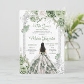 Invitation Sage Green Floral Princesse Robe Argent Mis Quince (Debout devant)
