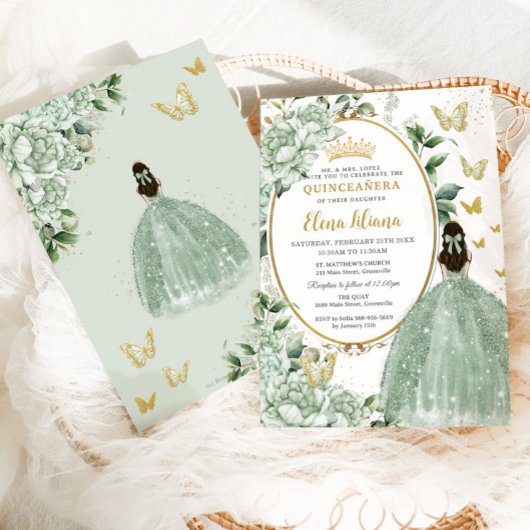 Invitation Sage Green Floral Princesse Robe Or Quinceañera