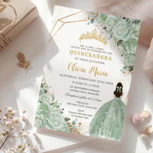 Invitation Sage Green Floral Princesse Robe Or Quinceañera