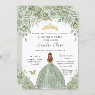 Invitation Sage Green Floral Rose Red Hair Girl Quinceañera