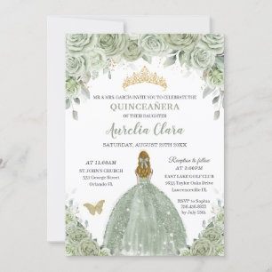 Invitation Sage Green Floral Roses Blonde Girl Quinceañera