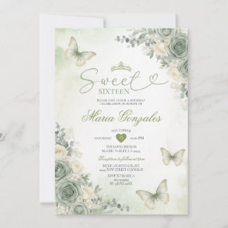 Invitation Sage Green Flowers Butterfly Girl Sweet Sixteen