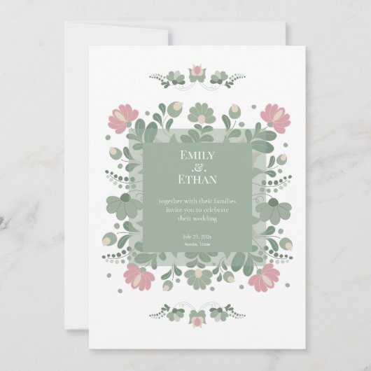 Invitation Sage Green Folk Wildflower Wedding (Devant)