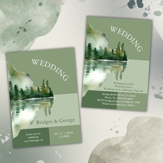 Invitation Sage Green Forest Lake Landscape Wedding