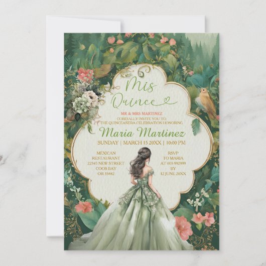 Invitation Sage Green Forêt Robe Florale Princesse Mis Quince (Devant)