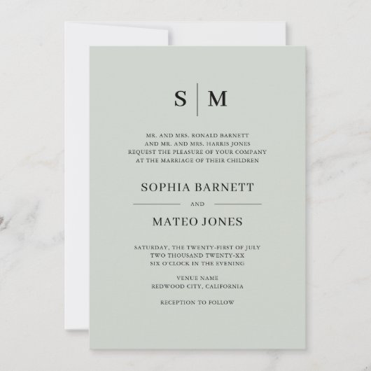 Invitation Sage Green Formal Monogramme Élégant Mariage Invit (Devant)