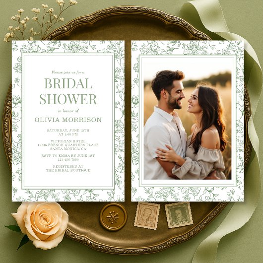Invitation Sage Green French Toile Photo Bridal Shower