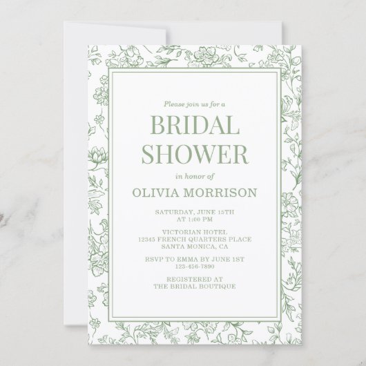 Invitation Sage Green French Toile QR Code Bridal Shower (Devant)