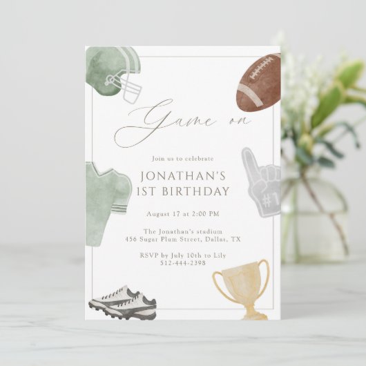 Invitation Sage Green Game On Football Birthday (Debout devant)