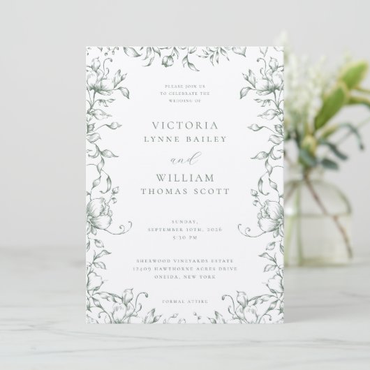 Invitation Sage Green Garden Floral Mariage (Debout devant)