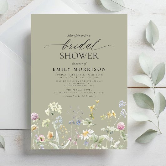 Invitation Sage Green Garden Flowers Script Bridal Shower