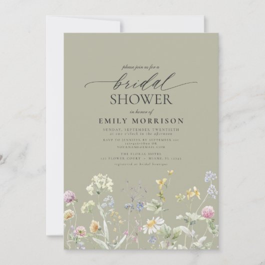 Invitation Sage Green Garden Flowers Script Bridal Shower (Devant)
