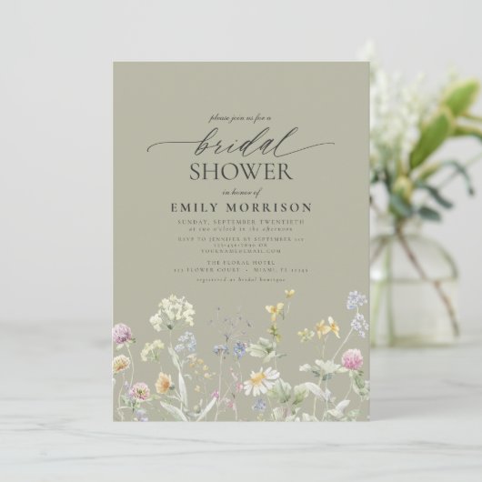 Invitation Sage Green Garden Flowers Script Bridal Shower (Debout devant)