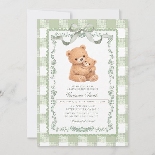 Invitation Sage Green Gingham Bear Mom & Baby (Devant)